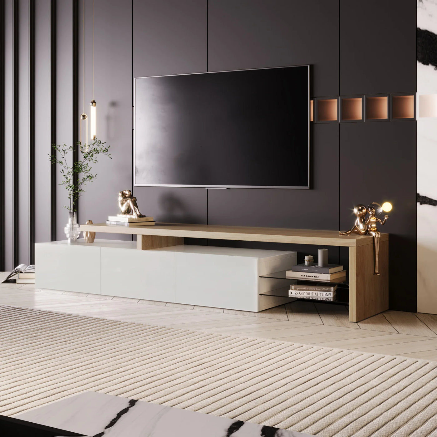 TV Cabinet for Living Room,TV Lowboard,Sideboard, with LED,2 Glass Partition,3 Drawers,White High Gloss