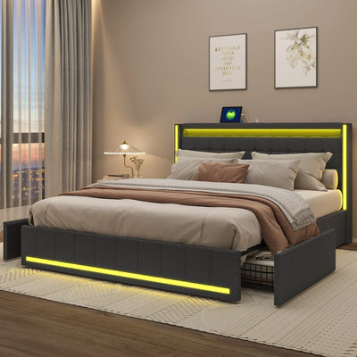 140x200cm Hydraulic Bed, Upholstered Double Bed with LED Lighting and USB Charging, with 4 Drawers, Linen Fabric, Dark Gray