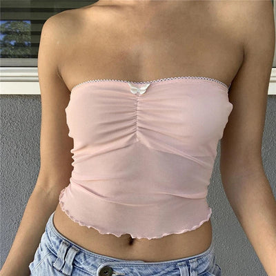Xingqing y2k Off Shoulder Top Women Fairy Grunge Clothes Summer Sleeveless Lace Trim Patchwork Strapless Tshirt 2000s Streetwear