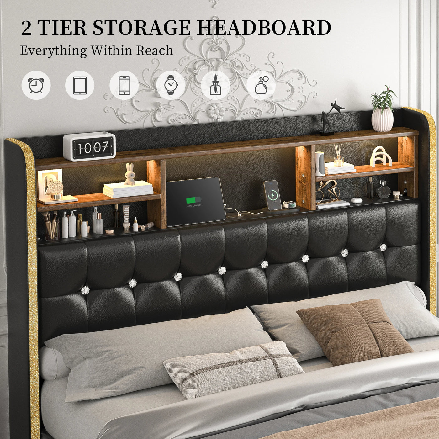 SIBEDS Queen Bed Frame with Bookcase Headboard, 2 Drawers, 52" LED, Charging Station, Tufted Linen Upholstery, Dark Grey