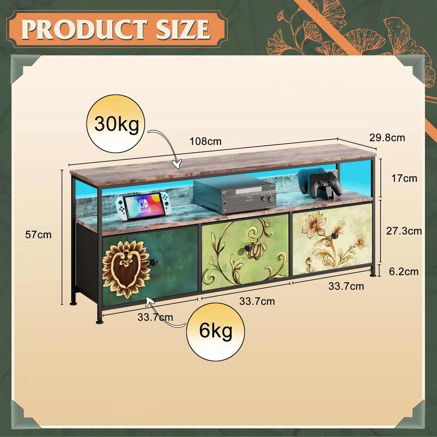108×30×57cm TV Cabinet, Sideboard with 3 Storage Fabric Drawers and Open Shelves, with LED Lighting and Height-adjustable Feet