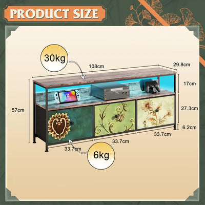 108×30×57cm TV Cabinet, Sideboard with 3 Storage Fabric Drawers and Open Shelves, with LED Lighting and Height-adjustable Feet