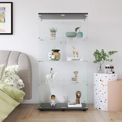 Glass Cabinet with Double Doors, 4-shelf Vertical Glass Display Cabinet with Lock, for Living Room, Black