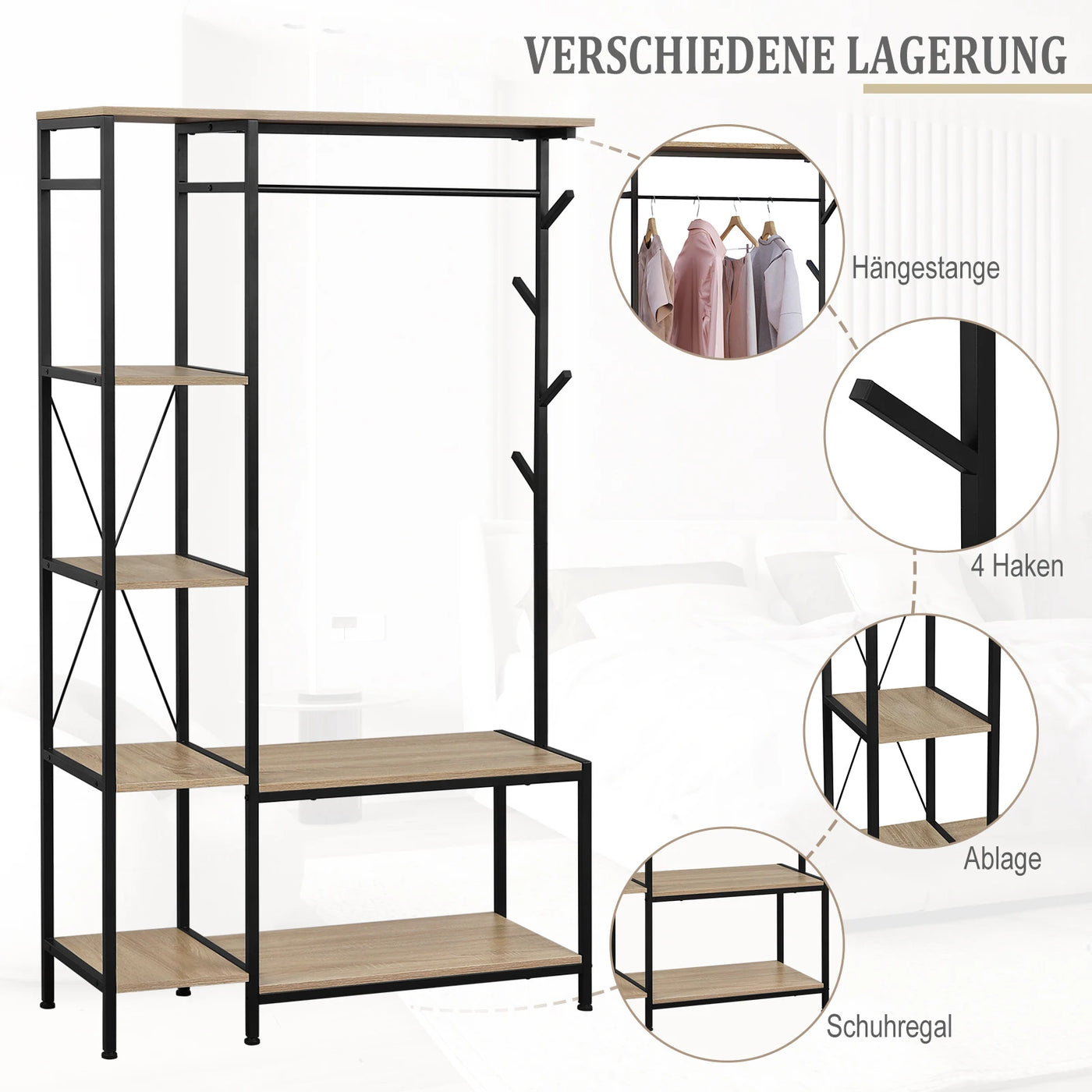 100x175x40cm Freestanding Coat Rack with Bench 3-in-1 Design Storage Wardrobe 4-Tier Shelf 4 Hooks 1 Clothes Rail for Bedroom