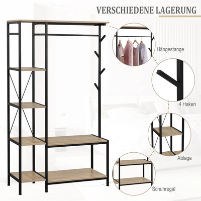 100x175x40cm Freestanding Coat Rack with Bench 3-in-1 Design Storage Wardrobe 4-Tier Shelf 4 Hooks 1 Clothes Rail for Bedroom