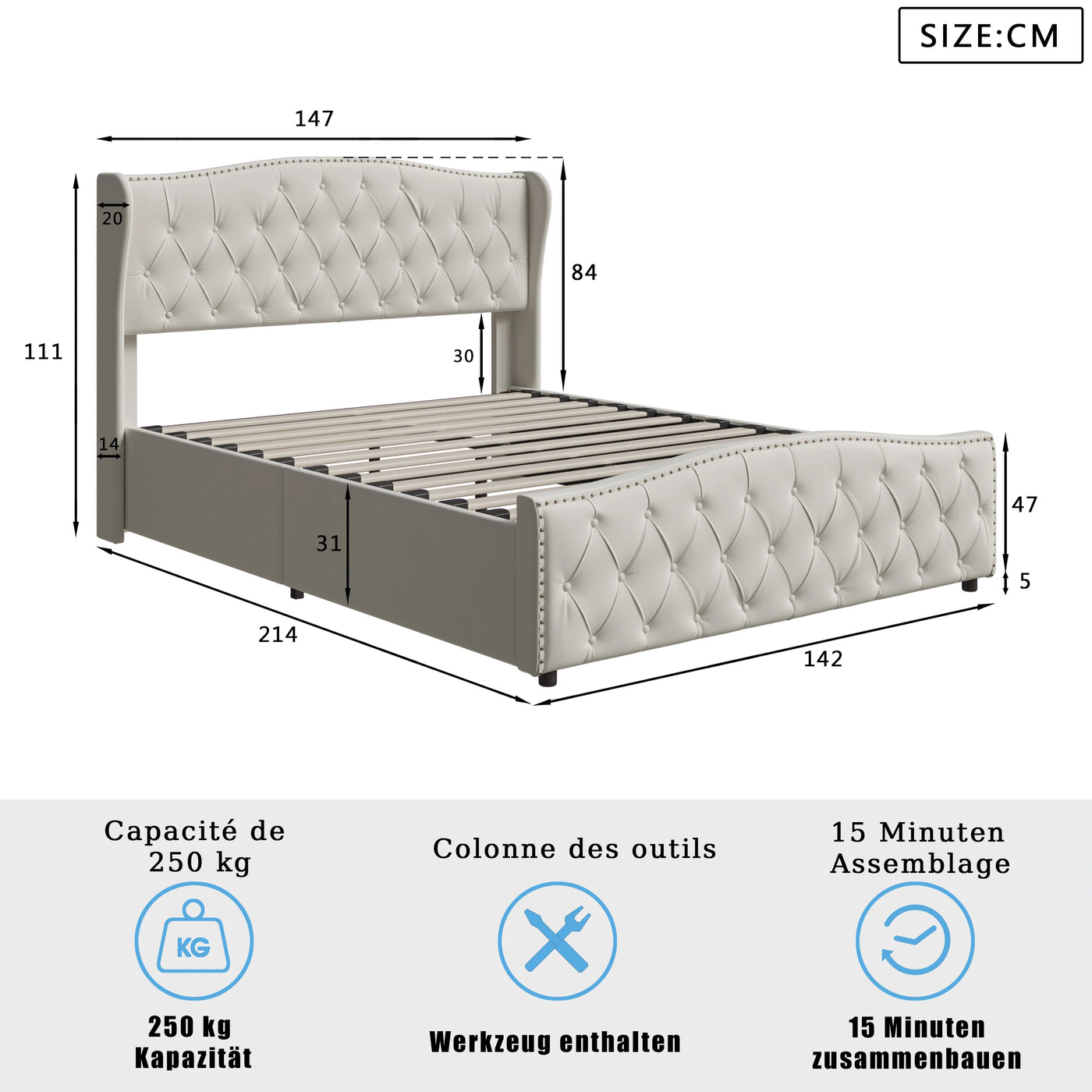 Upholstered Bed, Hydraulic Bed In Modern Style, 140/160 X 200 Cm, Gray Flannel Rivet. Double Bed Without Mattress