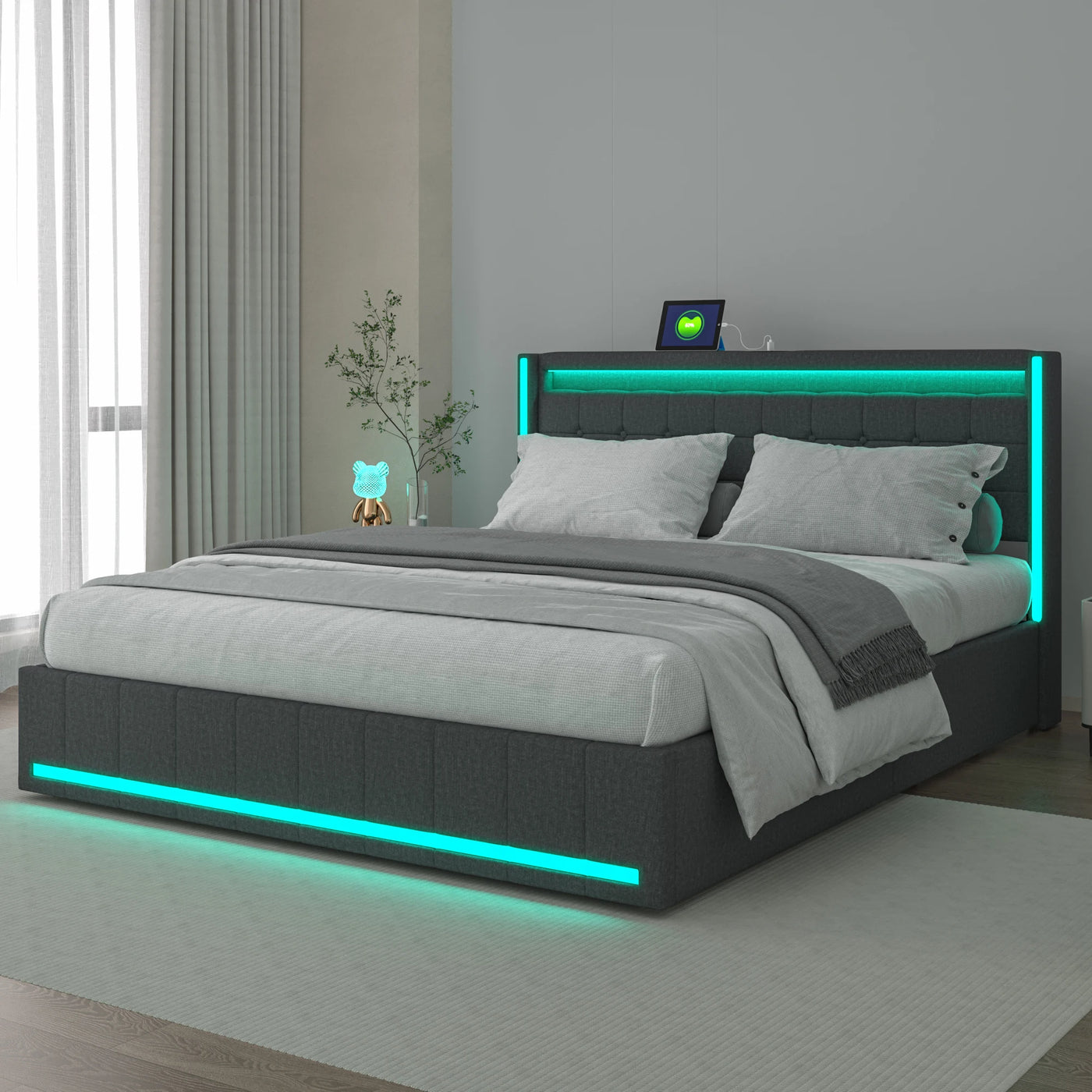 140x200cm Hydraulic Bed, Upholstered Double Bed with LED Lighting and USB Charging, with 4 Drawers, Linen Fabric, Dark Gray