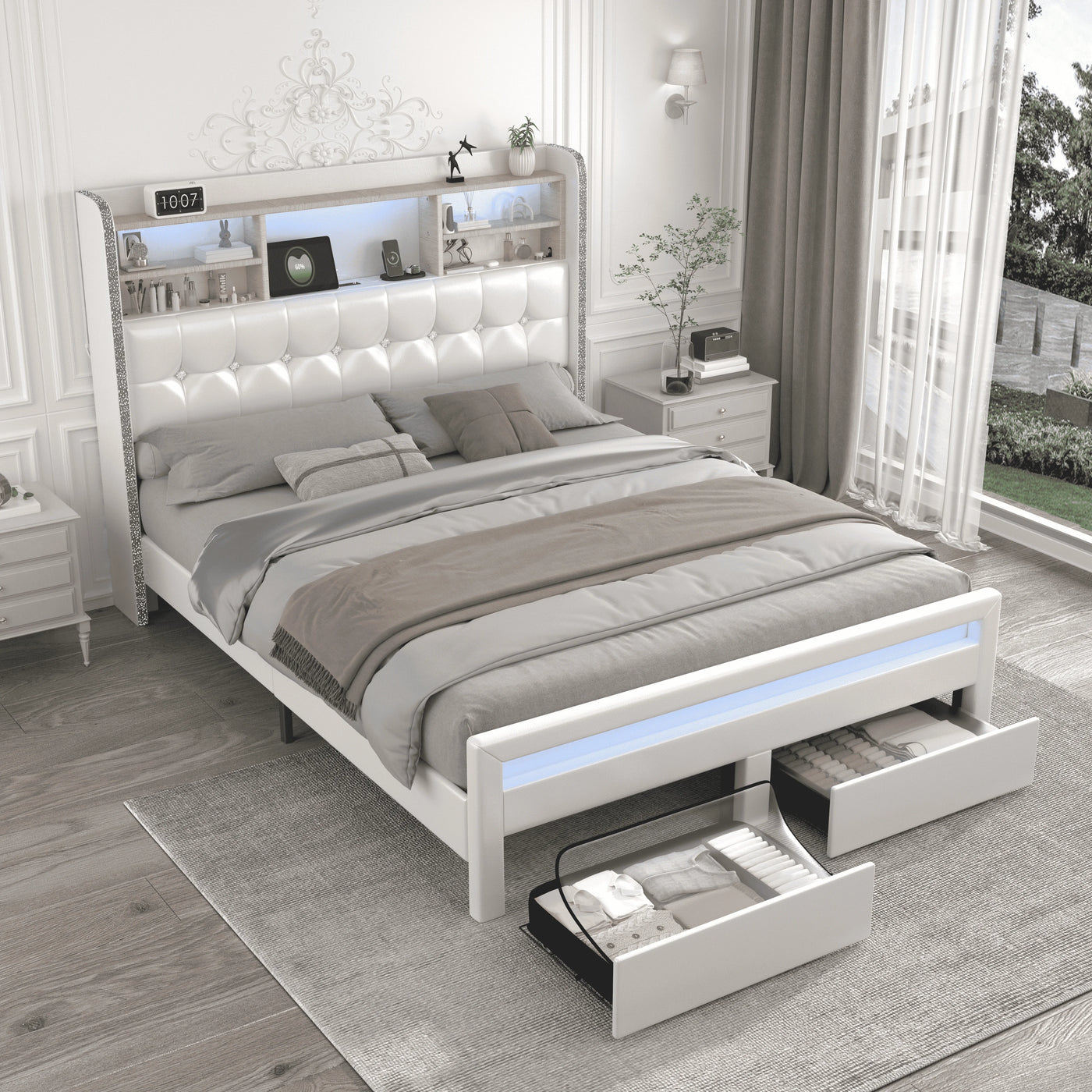 SIBEDS Queen Bed Frame with Bookcase Headboard, 2 Drawers, 52" LED, Charging Station, Tufted Linen Upholstery, Dark Grey