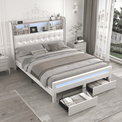 SIBEDS Queen Bed Frame with Bookcase Headboard, 2 Drawers, 52" LED, Charging Station, Tufted Linen Upholstery, Dark Grey
