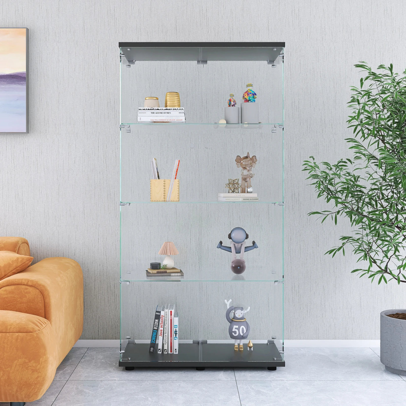 Glass Cabinet with Double Doors, 4-shelf Vertical Glass Display Cabinet with Lock, for Living Room, Black