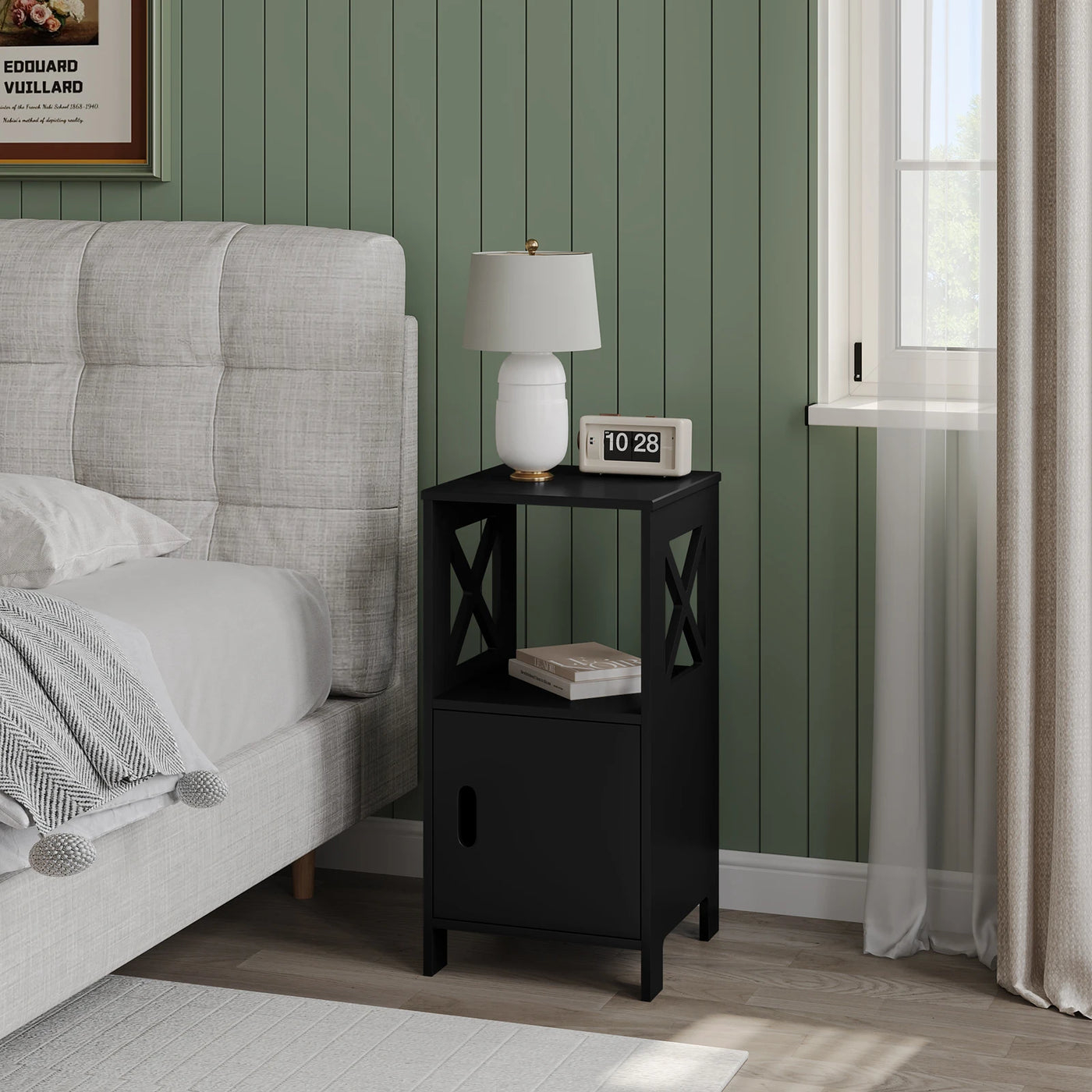 2PCS/SET Modern Nightstand 30x60x30cm Narrow White Bedside Table with 1 Open Compartment Door Cabinet Storage for Bedroom