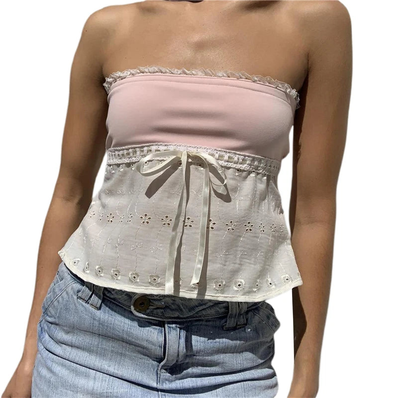 Xingqing y2k Off Shoulder Top Women Fairy Grunge Clothes Summer Sleeveless Lace Trim Patchwork Strapless Tshirt 2000s Streetwear