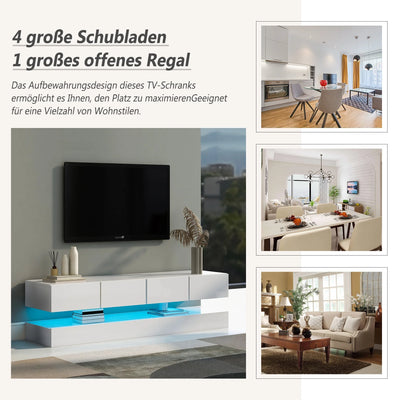 Wall mounted TV wardrobe, TV stand, TV furniture with 2 cabinets and 4 large drawers, 16 color LED lighting