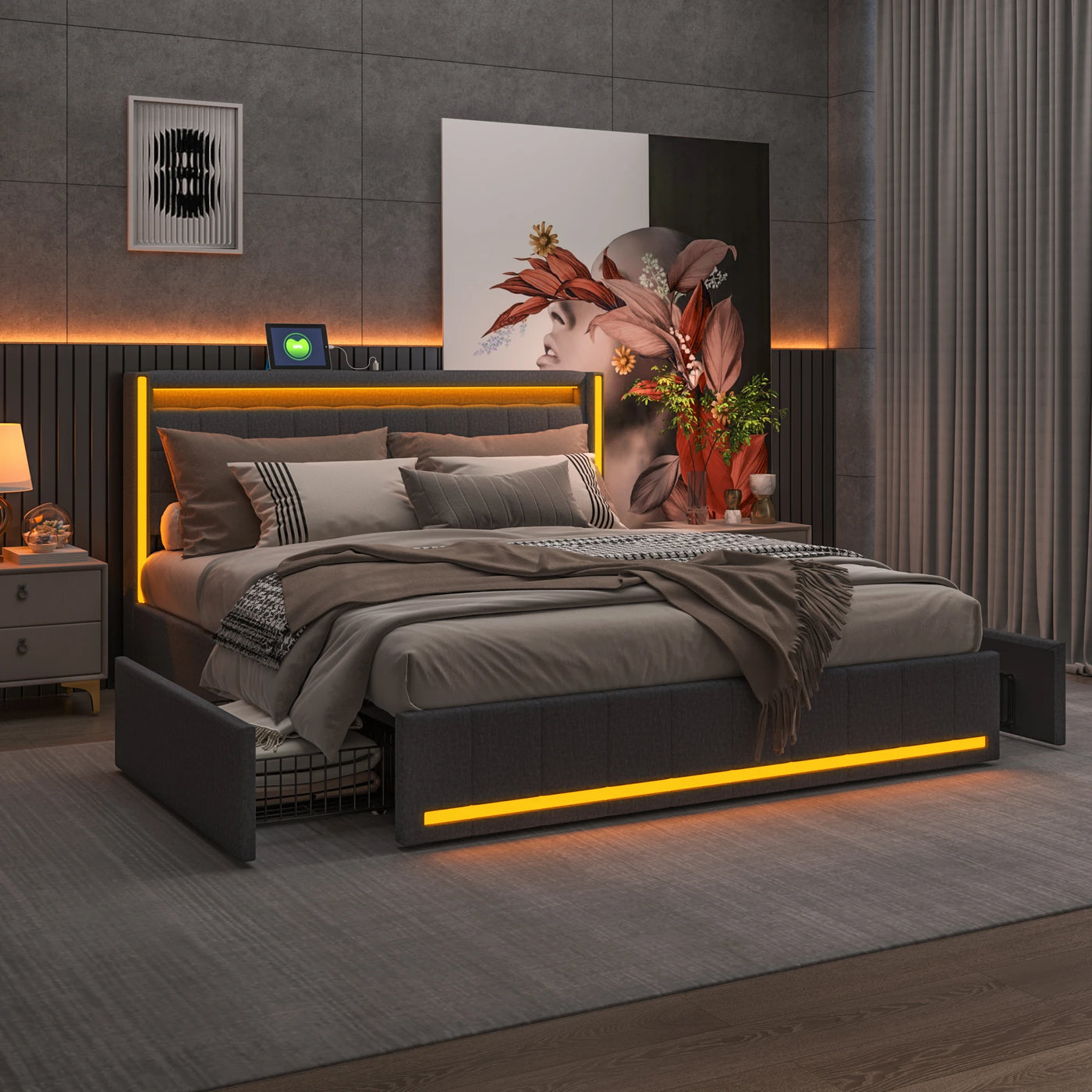 140x200cm Hydraulic Bed, Upholstered Double Bed with LED Lighting and USB Charging, with 4 Drawers, Linen Fabric, Dark Gray