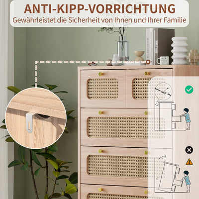 Anajqaqia Rattan Chest of Drawers with 5 Drawers, Wooden Storage Cabinet with Handles, Highboard Sideboard, Kitchen Cabinet