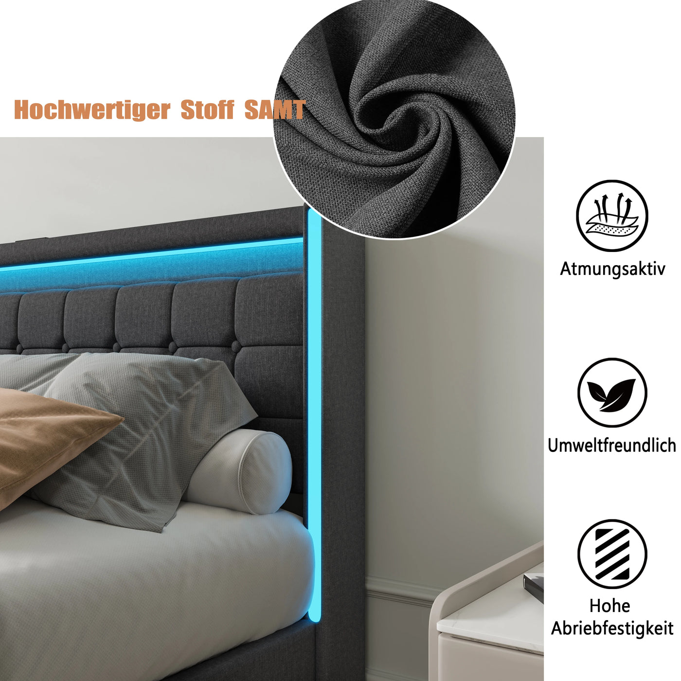 140x200cm Hydraulic Bed, Upholstered Double Bed with LED Lighting and USB Charging, with 4 Drawers, Linen Fabric, Dark Gray