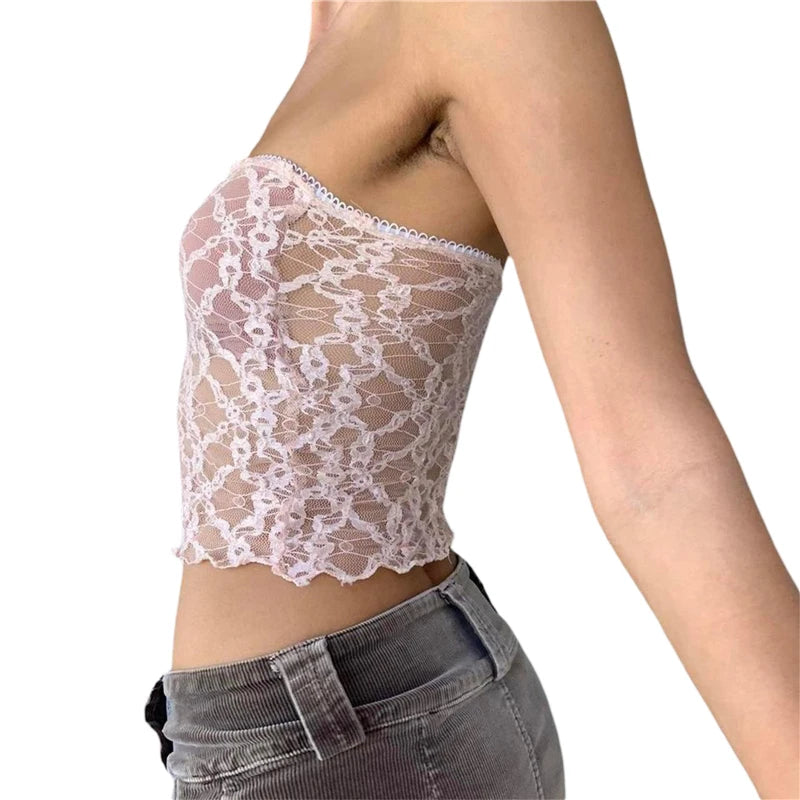 Xingqing y2k Off Shoulder Top Women Fairy Grunge Clothes Summer Sleeveless Lace Trim Patchwork Strapless Tshirt 2000s Streetwear
