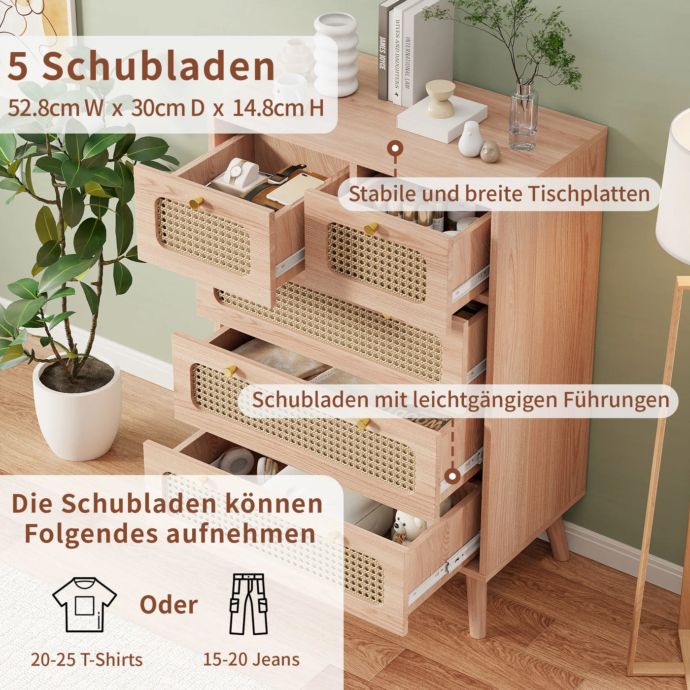 Anajqaqia Rattan Chest of Drawers with 5 Drawers, Wooden Storage Cabinet with Handles, Highboard Sideboard, Kitchen Cabinet