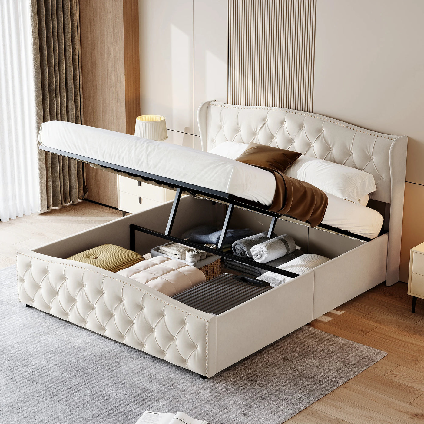 Upholstered Bed, Hydraulic Bed In Modern Style, 140/160 X 200 Cm, Gray Flannel Rivet. Double Bed Without Mattress