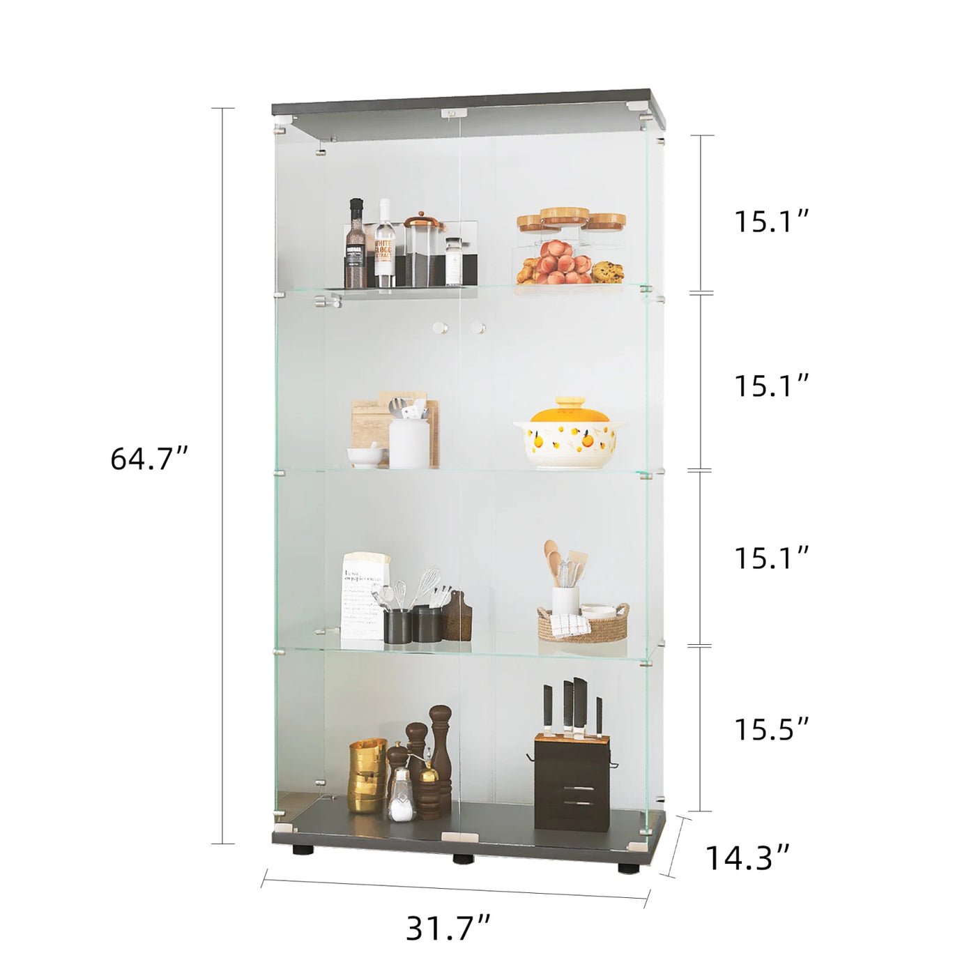 Glass Cabinet with Double Doors, 4-shelf Vertical Glass Display Cabinet with Lock, for Living Room, Black