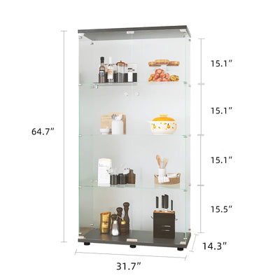 Glass Cabinet with Double Doors, 4-shelf Vertical Glass Display Cabinet with Lock, for Living Room, Black