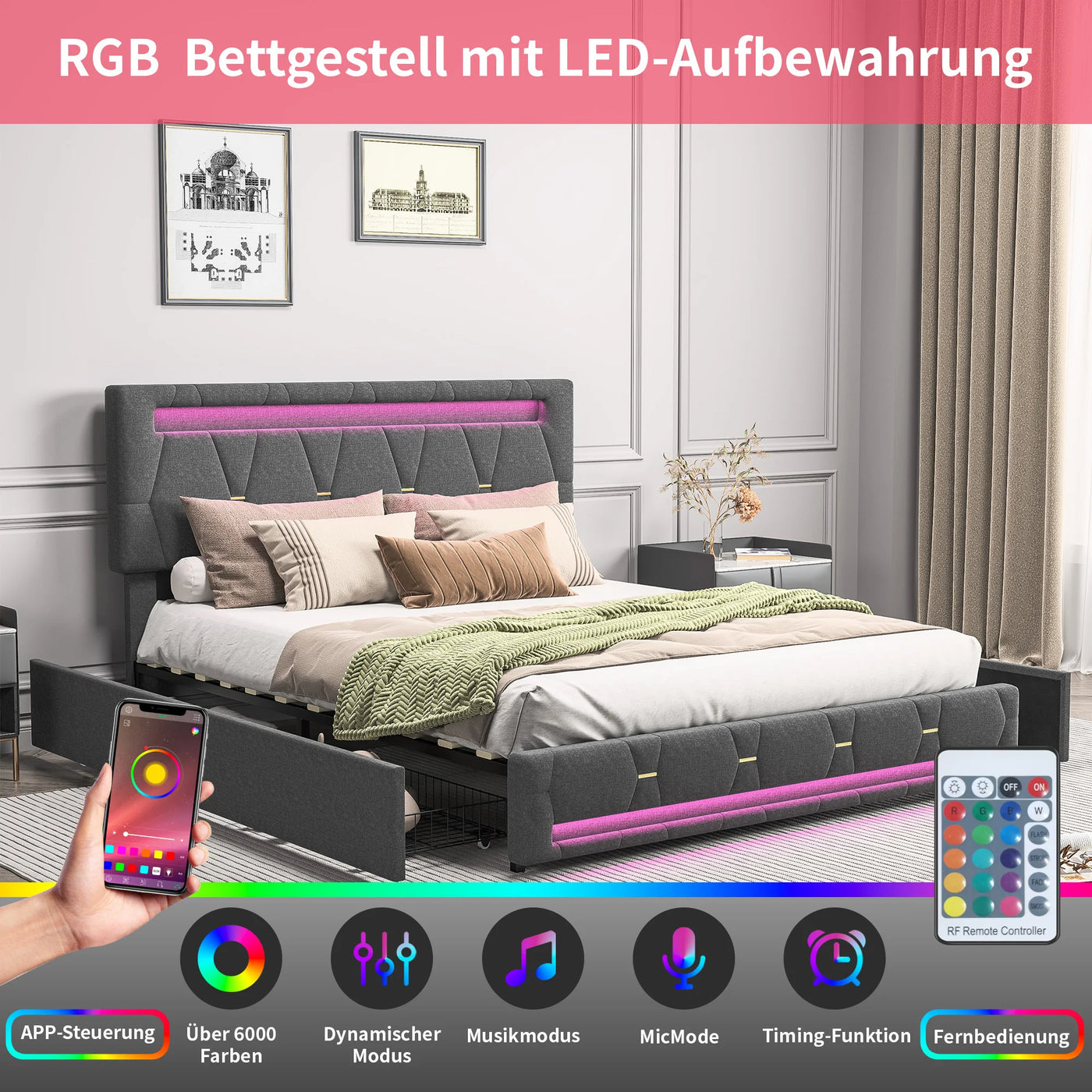 Comanlai 140x200 cm Upholstered Bed ith LED Lighting,Double Bed with 4 Drawers,Adjustable Headboard,Storage Bed,linen,Grey