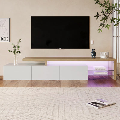 TV Cabinet for Living Room,TV Lowboard,Sideboard, with LED,2 Glass Partition,3 Drawers,White High Gloss