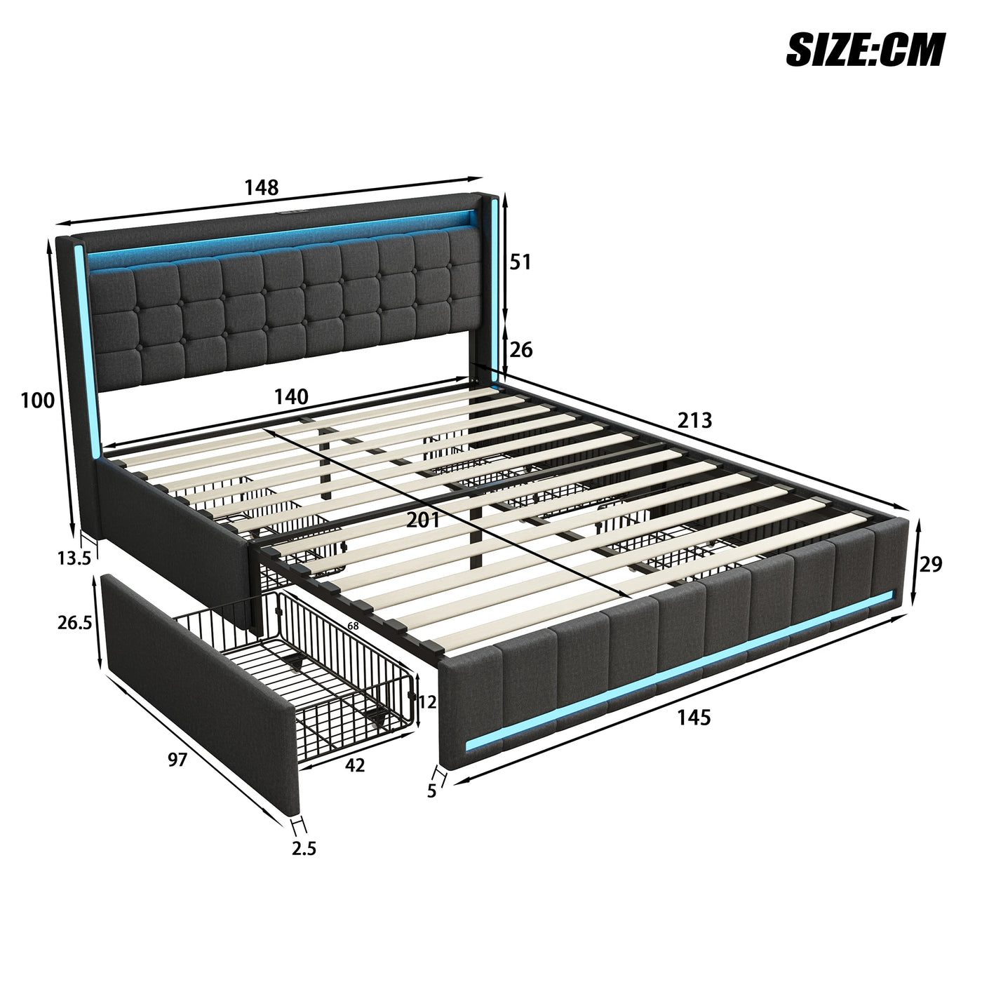 140x200cm Hydraulic Bed, Upholstered Double Bed with LED Lighting and USB Charging, with 4 Drawers, Linen Fabric, Dark Gray