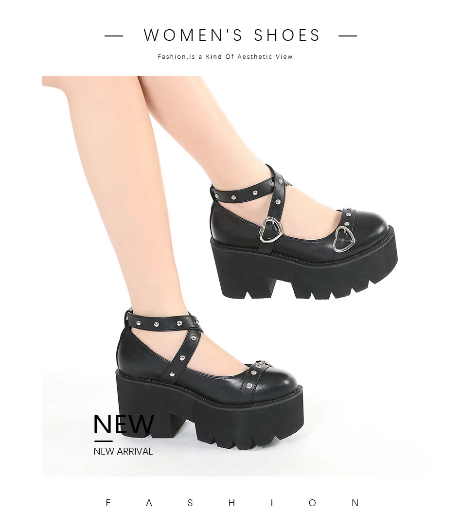 Gdgydh Gothic Lolita Shoes Platform Mary Janes for Women Round Head Thick Heel Cross Bandage Heart Buckle Kawaii Shoes Cosplay