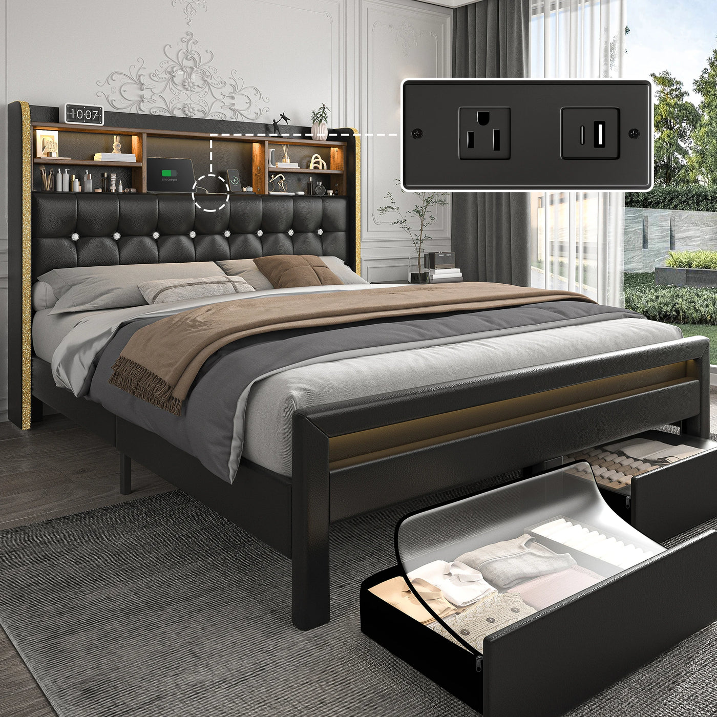 SIBEDS Queen Bed Frame with Bookcase Headboard, 2 Drawers, 52" LED, Charging Station, Tufted Linen Upholstery, Dark Grey