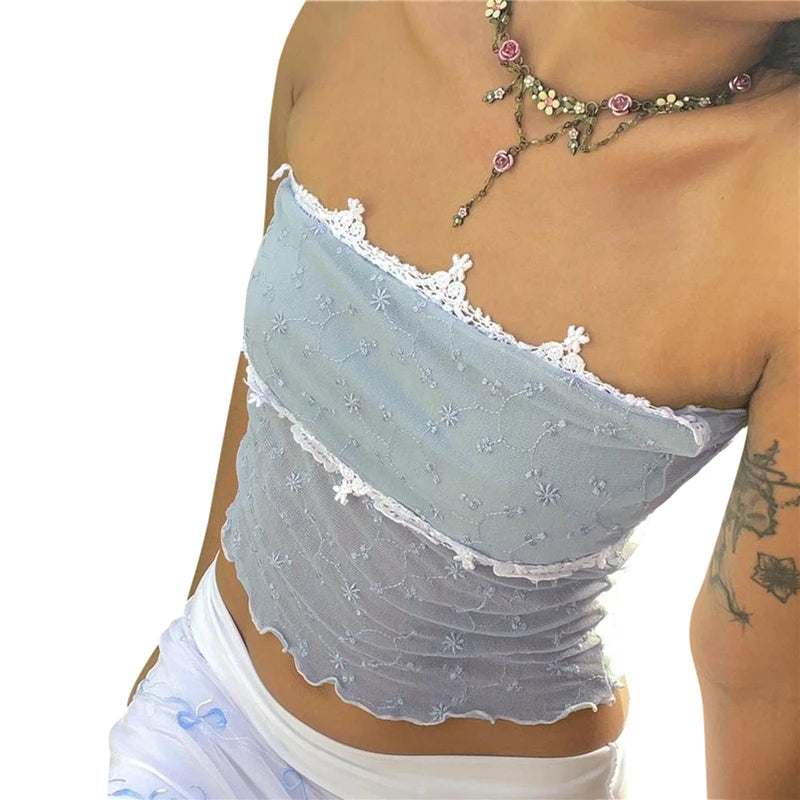 Xingqing y2k Off Shoulder Top Women Fairy Grunge Clothes Summer Sleeveless Lace Trim Patchwork Strapless Tshirt 2000s Streetwear