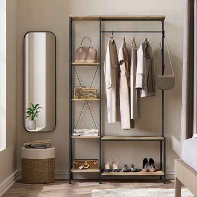 100x175x40cm Freestanding Coat Rack with Bench 3-in-1 Design Storage Wardrobe 4-Tier Shelf 4 Hooks 1 Clothes Rail for Bedroom