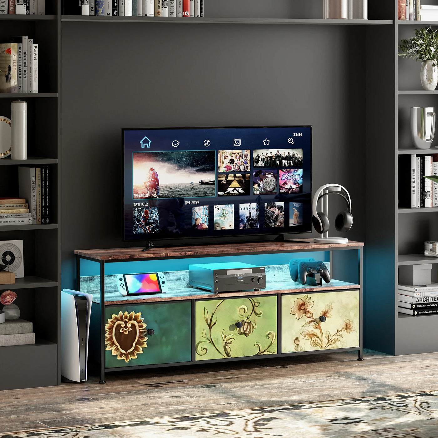 108×30×57cm TV Cabinet, Sideboard with 3 Storage Fabric Drawers and Open Shelves, with LED Lighting and Height-adjustable Feet