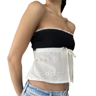 Xingqing y2k Off Shoulder Top Women Fairy Grunge Clothes Summer Sleeveless Lace Trim Patchwork Strapless Tshirt 2000s Streetwear