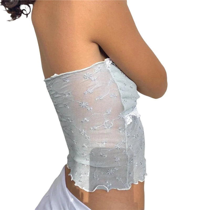 Xingqing y2k Off Shoulder Top Women Fairy Grunge Clothes Summer Sleeveless Lace Trim Patchwork Strapless Tshirt 2000s Streetwear
