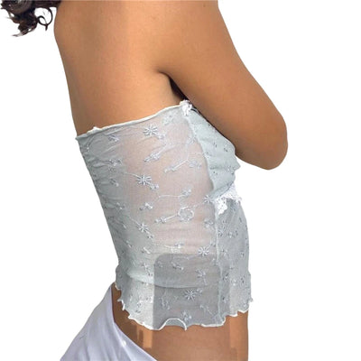 Xingqing y2k Off Shoulder Top Women Fairy Grunge Clothes Summer Sleeveless Lace Trim Patchwork Strapless Tshirt 2000s Streetwear