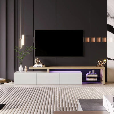 TV Cabinet for Living Room,TV Lowboard,Sideboard, with LED,2 Glass Partition,3 Drawers,White High Gloss