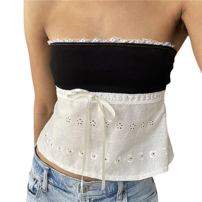 Xingqing y2k Off Shoulder Top Women Fairy Grunge Clothes Summer Sleeveless Lace Trim Patchwork Strapless Tshirt 2000s Streetwear
