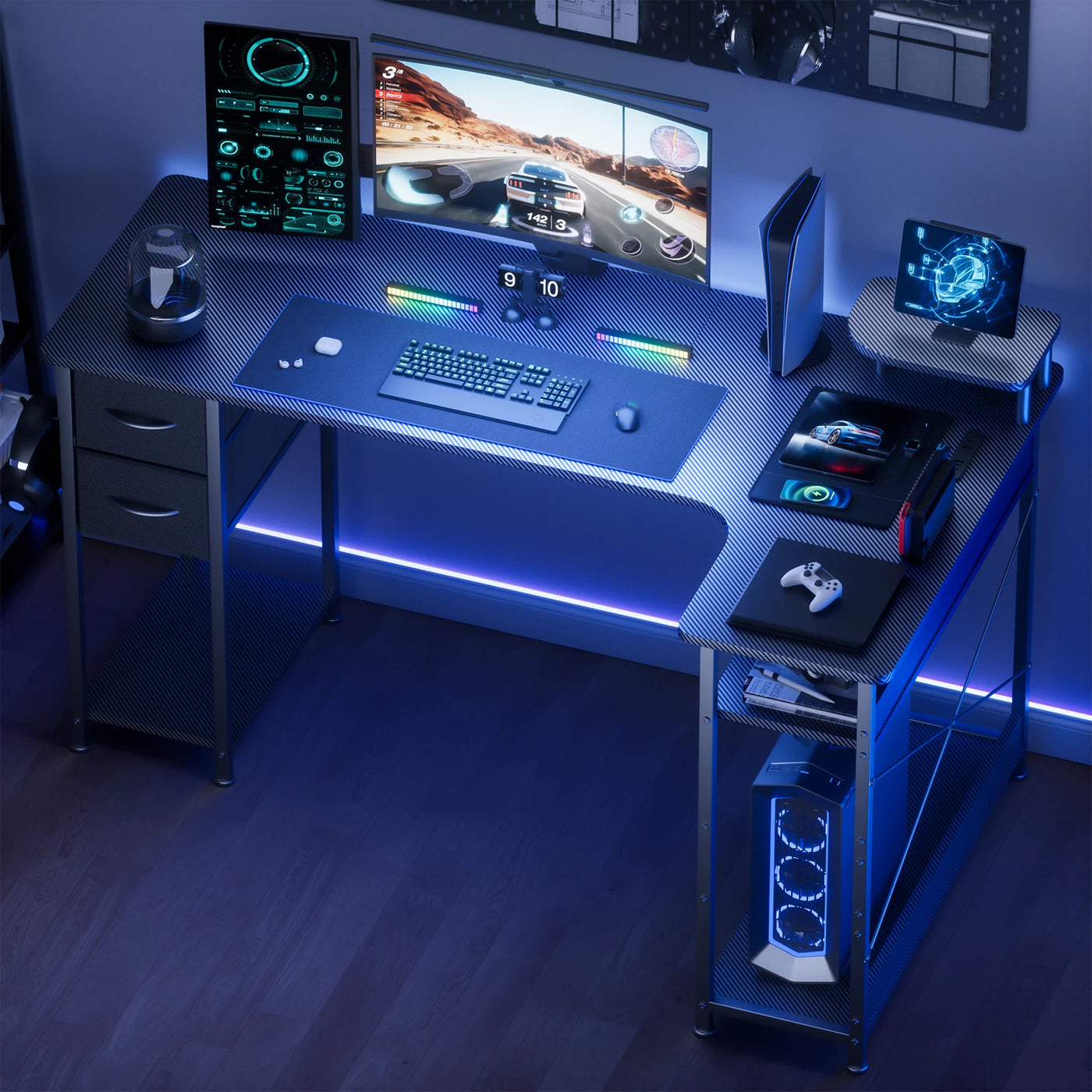L-Shape Gaming Desk with Drawers, Carbon Fiber Computer Desk with Monitor Arm, Gaming Desk for Home Office Desks