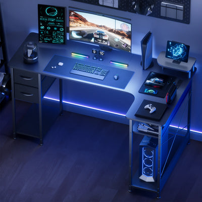 L-Shape Gaming Desk with Drawers, Carbon Fiber Computer Desk with Monitor Arm, Gaming Desk for Home Office Desks