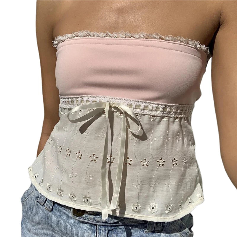 Xingqing y2k Off Shoulder Top Women Fairy Grunge Clothes Summer Sleeveless Lace Trim Patchwork Strapless Tshirt 2000s Streetwear