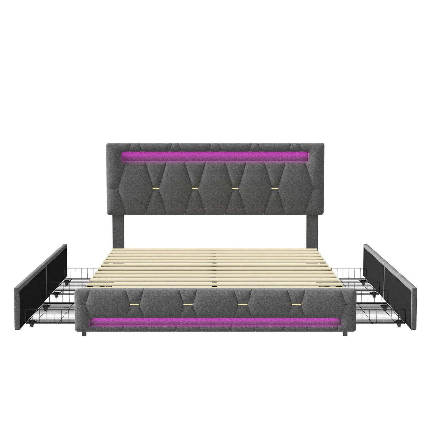Comanlai 140x200 cm Upholstered Bed ith LED Lighting,Double Bed with 4 Drawers,Adjustable Headboard,Storage Bed,linen,Grey