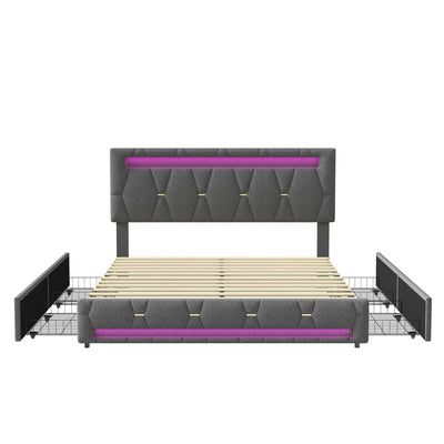 Comanlai 140x200 cm Upholstered Bed ith LED Lighting,Double Bed with 4 Drawers,Adjustable Headboard,Storage Bed,linen,Grey