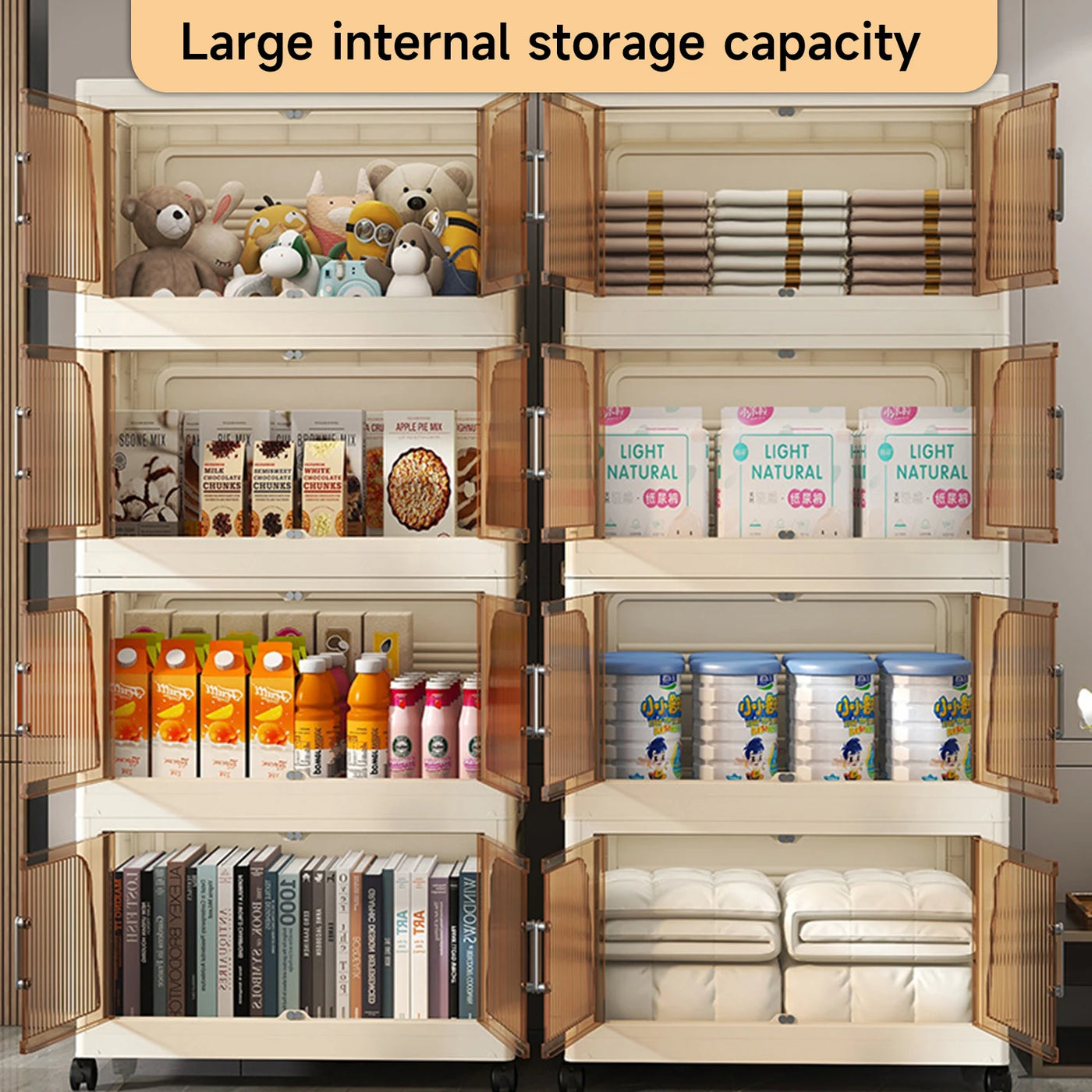 Foldable Storage Box with Clear Door Large Capacity Plastic Storage Bin Living Room Stackable Sundries Storage Box with Wheels