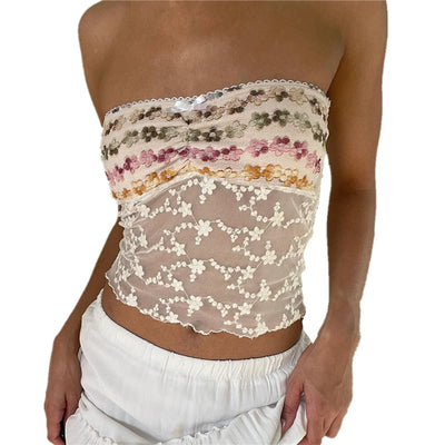 Xingqing y2k Off Shoulder Top Women Fairy Grunge Clothes Summer Sleeveless Lace Trim Patchwork Strapless Tshirt 2000s Streetwear