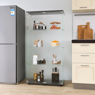 Glass Cabinet with Double Doors, 4-shelf Vertical Glass Display Cabinet with Lock, for Living Room, Black