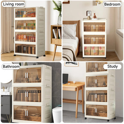Foldable Storage Box with Clear Door Large Capacity Plastic Storage Bin Living Room Stackable Sundries Storage Box with Wheels