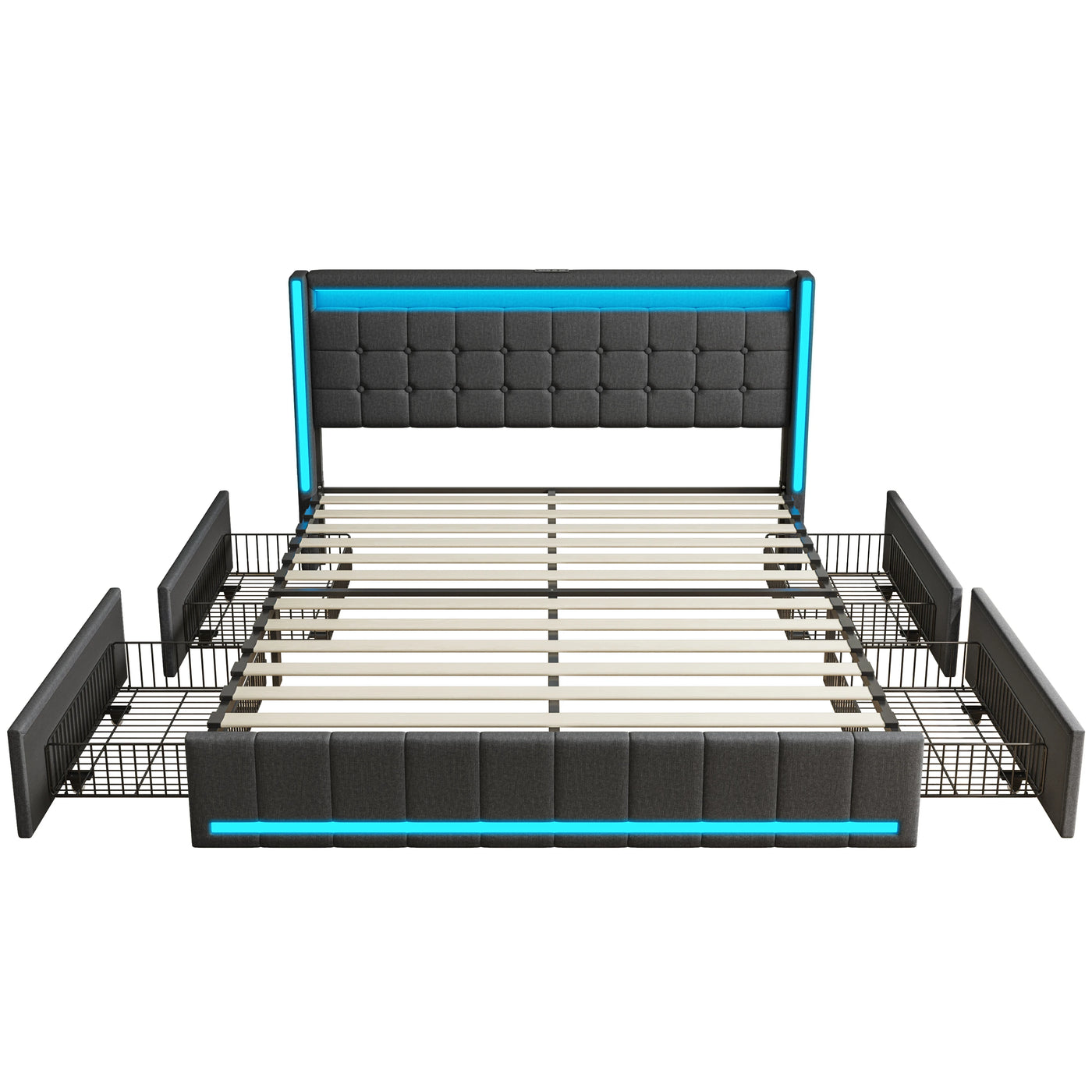 140x200cm Hydraulic Bed, Upholstered Double Bed with LED Lighting and USB Charging, with 4 Drawers, Linen Fabric, Dark Gray