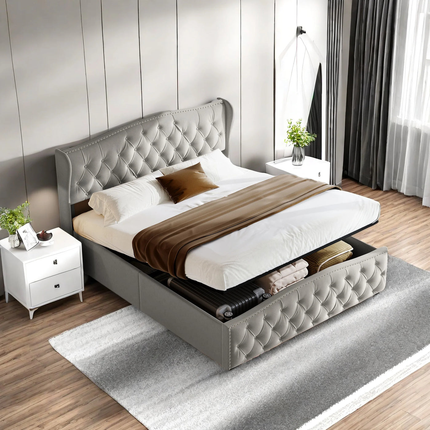 Upholstered Bed, Hydraulic Bed In Modern Style, 140/160 X 200 Cm, Gray Flannel Rivet. Double Bed Without Mattress