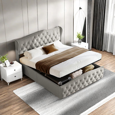 Upholstered Bed, Hydraulic Bed In Modern Style, 140/160 X 200 Cm, Gray Flannel Rivet. Double Bed Without Mattress